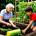 A vibrant community garden filled with diverse vegetables, fruits, and flowers. An older woman is teaching children how to plant tomato seedlings, while a young man sets up a drip irrigation system. The scene exudes a sense of community, learning, and intergenerational connection, with a compost bin visible in the background.