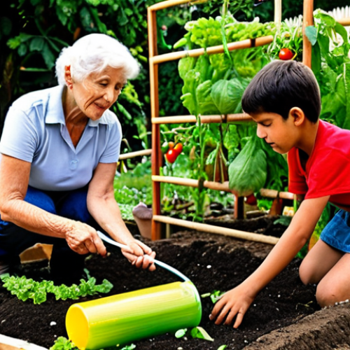 Home 4 A vibrant community garden filled with diverse vegetables, fruits, and flowers. An older woman is teaching children how to plant tomato seedlings, while a young man sets up a drip irrigation system. The scene exudes a sense of community, learning, and intergenerational connection, with a compost bin visible in the background.